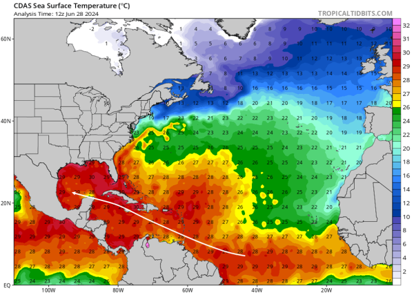 Map of sea surface temperature in path of TD2.