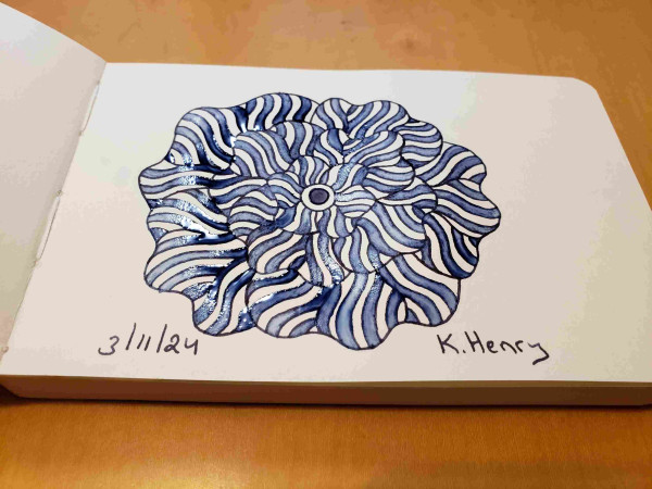 Hand drawn generative art in ink on an open page of my sketchbook. The abstract has a floral inspiration.