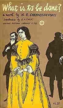 Cover of Chernyshevsky's "What is to be done?" with protagonist, Vera Rozalsky, in a yellow dress, and two men in the background.