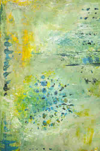 Around the world 2 abstract with bright blues, yellows, and muted pastel greens and texture. Artist Iris Richardson, galleries Pixel, Pictorem and ArtHero