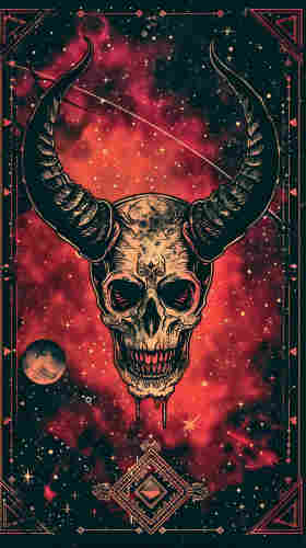 A skull with large, curved horns set against a backdrop of a stylized outer space scene. The skull occupies the center of the image, detailed with deep shadows and highlights that give it a three-dimensional appearance. The horns spiral outwards, adding a dramatic flair to the composition. The background is filled with a red and purple nebula, studded with stars, creating a sense of vastness and mystery. Geometric shapes and mystical symbols frame the image, giving it an esoteric or occult vibe, as if it could be an emblem or a card from a fantasy game. The small planet on the bottom left suggests a cosmic scale, making the skull seem monumental, as if it’s a part of the universe itself.