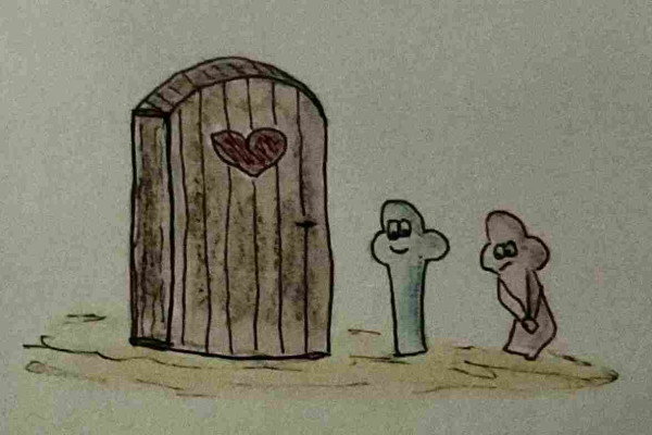 A hand-drawn image featuring a wooden door with a heart shape on it, two cartoonish figures wait in line: one standing upright smiling and the other bent over, holding their crotch with their hands.