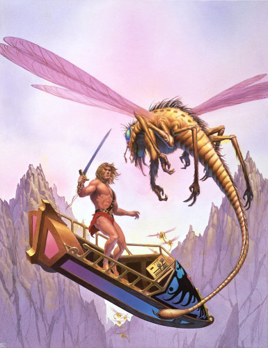 A shirtless warrior with long blonde hair balances on an air skiff that tips toward the audience. He holds a straight sword at the ready as his eyes lock on a huge alien insect with the wings of a dragonfly. Bent at the elbow, appendages dangle as it buzzes toward him with bulbous spiked tail trailing behind. More of these flying creatures hover on blurred wings, nestled at the end of the valley in the V shape of a mountain pass. The color palette is dominated by soft pinks and purples.
