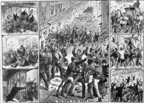 Black and white poster. Large, middle panel shows crowds in the street, smashing windows, street fighting, rocks and bricks flying through the air. 6 smaller side panels show close-ups of a smashed window, with a rioter leaning out, with fist raised; and more depictions of crowds smashing windows, fighting, attacking a fancy coach.