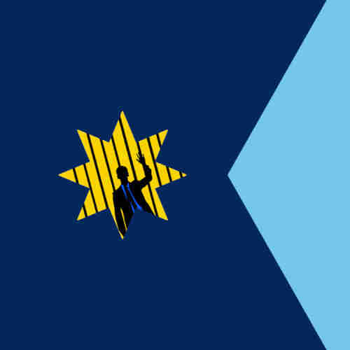 The Minnesota state flag (two solid masses in different shades of blue, with a white star on the left). The white star has been replaced with an illustration from the cover of the Tor Books edition of 'The Bezzle': a silhouetted male figure in a suit, behind bars, on a bright yellow background.The Minnesota state flag (two solid masses in different shades of blue, with a white star on the left). The white star has been replaced with an illustration from the cover of the Tor Books edition of 'The Bezzle': a silhouetted male figure in a suit, behind bars, on a bright yellow background.