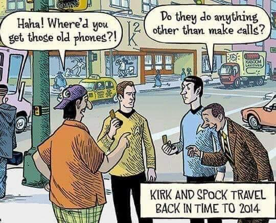 KIRK AND SPOCK TRAVEL BACK IN TIME TO 2014  Haha! Where'd you get those old phones?! Do they do anything other than make calls?