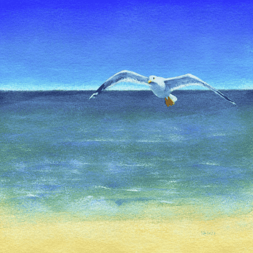 Spread your wings and fly is an acrylic painting in contemporary square format painted by artist Karen Kaspar. A single white seagull is flying above the deep blue ocean and a sandy beach. Above is a blue sky, no clouds.