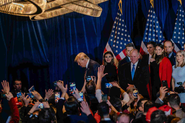 Republican presidential candidate Donald Trump departs his New Hampshire primary night event in Nashua, on Jan. 23, 2024. | Jamie Kelter Davis for POLITICO