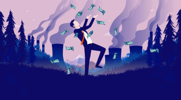 Illustration of a white man in a business suit dancing in a cut-down forest, throwing money into the air, while behind him smokestacks from factories spew pollution into the sky.