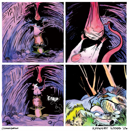 The Great Escape  Panel 1: In the dark hollow of the cave monster's throat: a rat, a toad, and a frog have formed a precarious tower. They are reaching for the cave monster's uvula.   Panel 2: the rat reaches with its tail and paws for the dangly bit, and tickles it.   Panel 3: somewhere in the depths of the cave, something makes a liquid noise.   Panel 4: cut to the outside, and a view of the cave monster's face. Apparently it is, at present, still peaceful, despite our heroes' efforts. Natch.