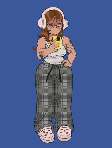 a drawing of a curvy brown haired character in comfy clothing. she wears headphones and is holding a phone.