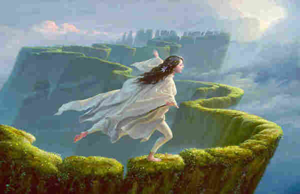 With flowers decorating her long dark hair, a young woman draped in flowing white fabric spreads her arms wide as she dances along the top of a moss covered wall. The narrow path set high in the clouds unwinds like a ribbon, zigzagging left to right and back again. As the path recedes into the distance breaks become larger and more apparent.
