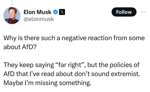 Elon Musk Tweet: Why is there such a negative reaction from some about AfD?   They keep saying “far right”, but the policies of AfD that I’ve read about don’t sound extremist. Maybe I’m missing something.