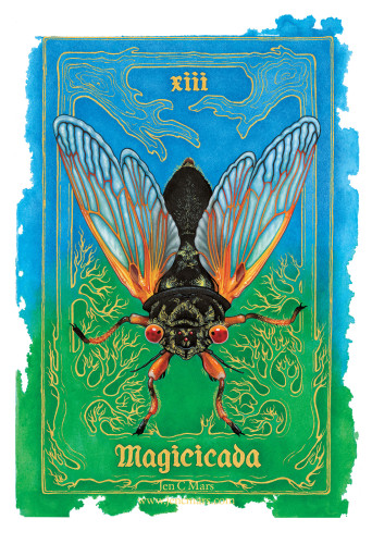 Painting of a tarot card style poster, showing a black and orange cicada with red eyes standing on the stylized gold roots of a tree which wrap around to create a frame. The background is a wash of deep cyan blue fading into a rich green. At the top is the number 13 in lower case roman numerals, and at the bottom is the genus name Magicicada, also in gold paint.