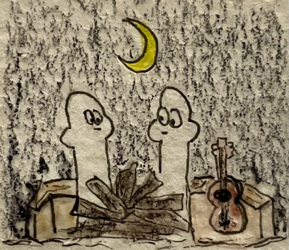 Two simple figures that look at each other sit in front of firewood, surrounded by a bench and a guitar, under a crescent moon. The background has a textured, night-time appearance.