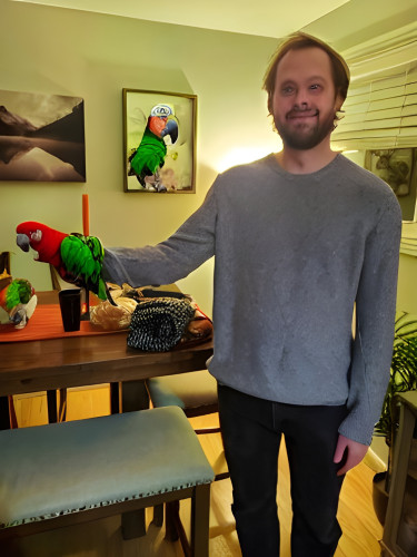 Used an AI tool to change the picture to have him holding parrot. It appears that his hand has become the parrot. Also the face is misshapen now.