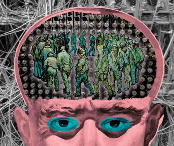 A science-fiction pulp illustration of a man with a swollen, bald head that has been cut away to reveal its contents. The man's face has been cropped at the bridge of his nose, leaving just the swollen, hollow head, cheekbones, and staring eyes, the last of which have been covered with blue ovals. The hollow head has been filled with the trudging figures from Van Gogh's 'The Prisoners,' marching over a grid of vacuum tubes from an early computer. The background of the image is the wiring from an early mainframe, snarled and dense.