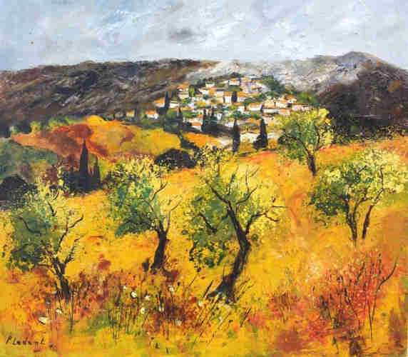 Bit abstract patinting of a hilly bownish yellow landscape with a village with many small white houses with orange roofs in the background. In the foreground are several small green trees. On the horizon are dark grey and brown coloured mountain, with a light grey top on the right. The sky is covered with very light grey clouds. 