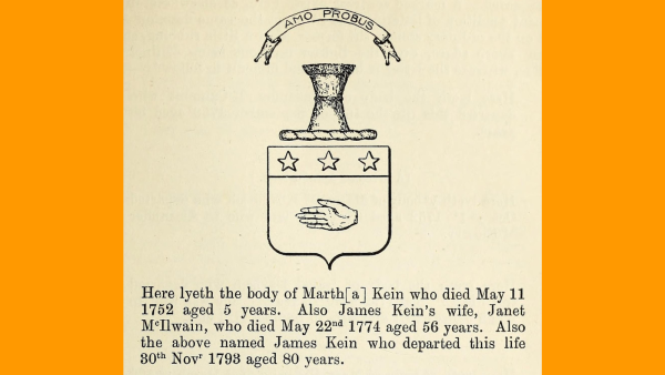 Transcript of a gravestone inscription with a drawing of a coat of arms that was carved on the gravestone.
