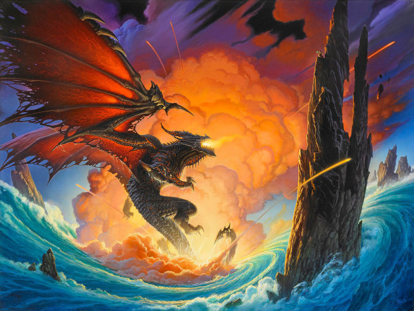 A black dragon with flame smoldering in its mouth and lines of magma burning between its scales spreads mighty wings as it emerges from the ocean. Water spirals and froths, rising at opposite edges of the panel with the massive displacement of the dragon rising. The rib supports of its wings are thick and spiked, but the flesh between is tattered and showing through at the edge of its wings. A cloud of orange billowing smoke rises behind. Lines of fiery debris launch in random directions. A spire of rock rises from the ocean as a tiny figure perches atop faces the massive beast.
