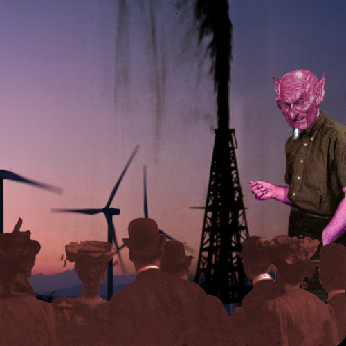 A windfarm at sunset. In the foreground at the bottom are the silhouettes of a Victorian crowd of spectators watching the turbines. On the left of the image is a carmine-skinned Satanic figure dressed in business casual, jerking his thumb at an oilwell that is gushing crude all over the scene.